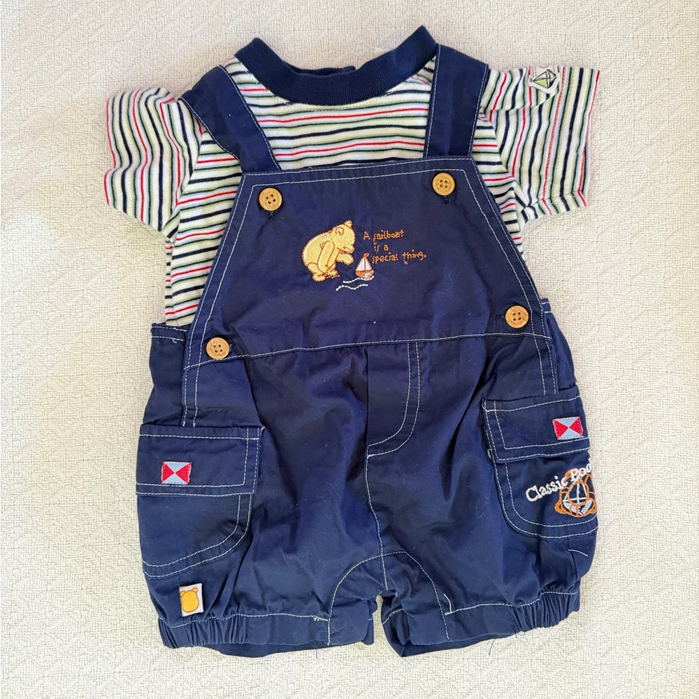 The Classic Pooh Vintage Embroidered Shortall with Striped Shirt